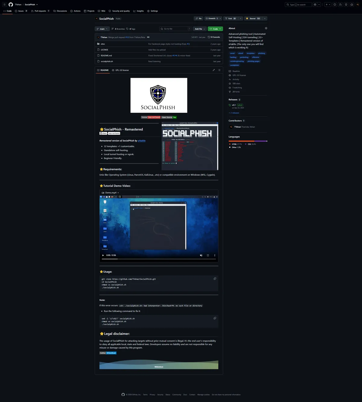 Archived capture of the SocialPhish repository page