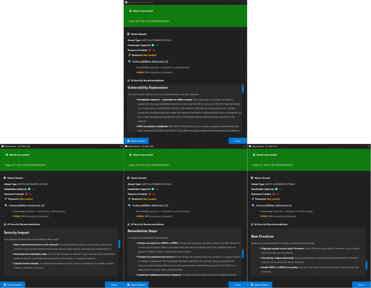 Four views of the WiFiGuardian results dialog showing detected risks, security impact, prioritized remediation, and defensive best practices.