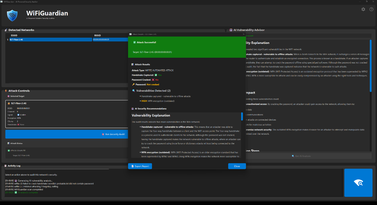 WiFiGuardian dashboard showing a controlled audit result, activity log, and AI-assisted remediation guidance.