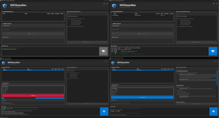 Four views of the dark WiFiGuardian dashboard showing network discovery, audit controls, activity logs, and AI-assisted guidance.