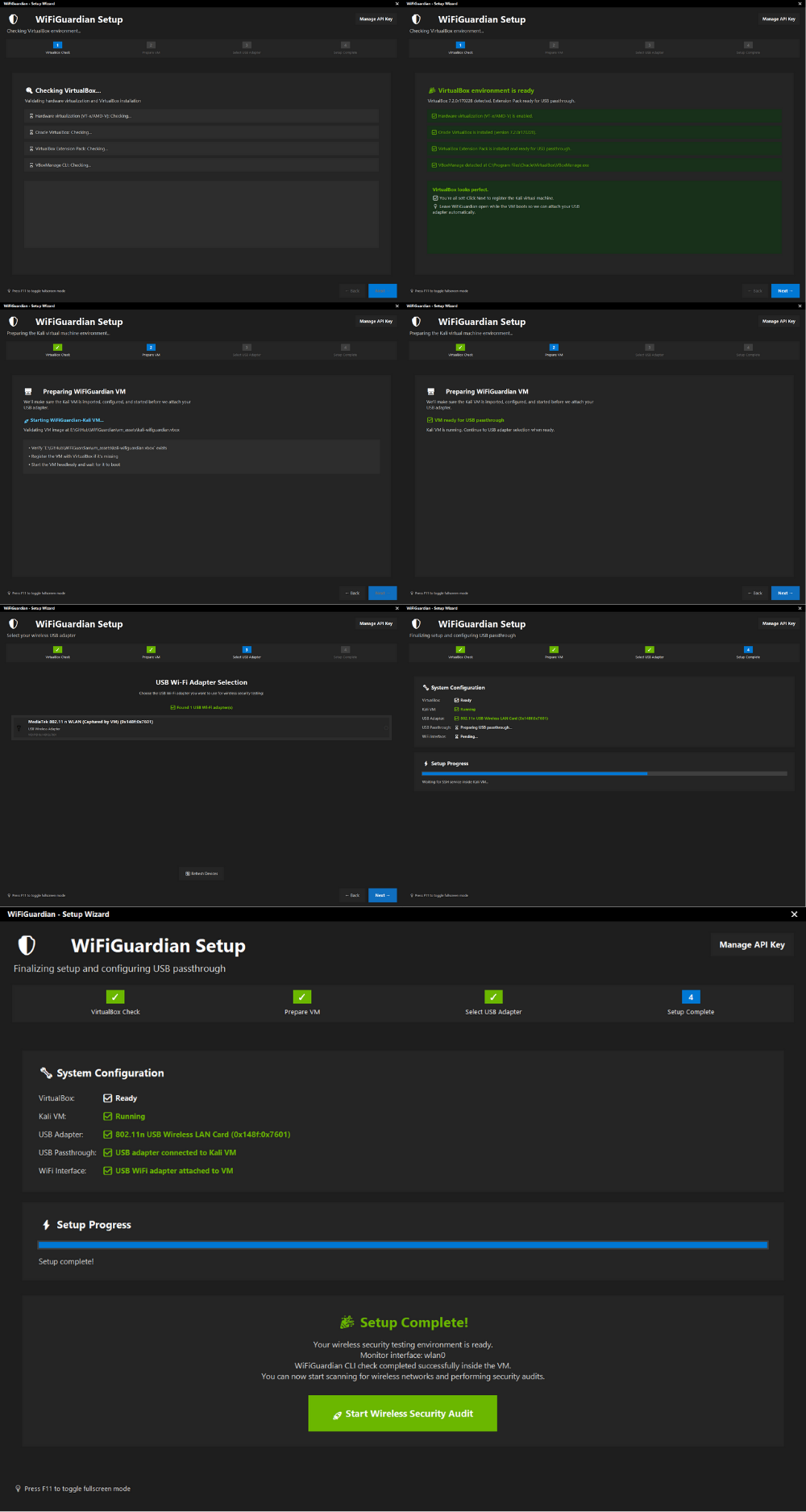 Multi-stage WiFiGuardian setup wizard validating VirtualBox, preparing the virtual machine, selecting a USB Wi-Fi adapter, and confirming setup completion.